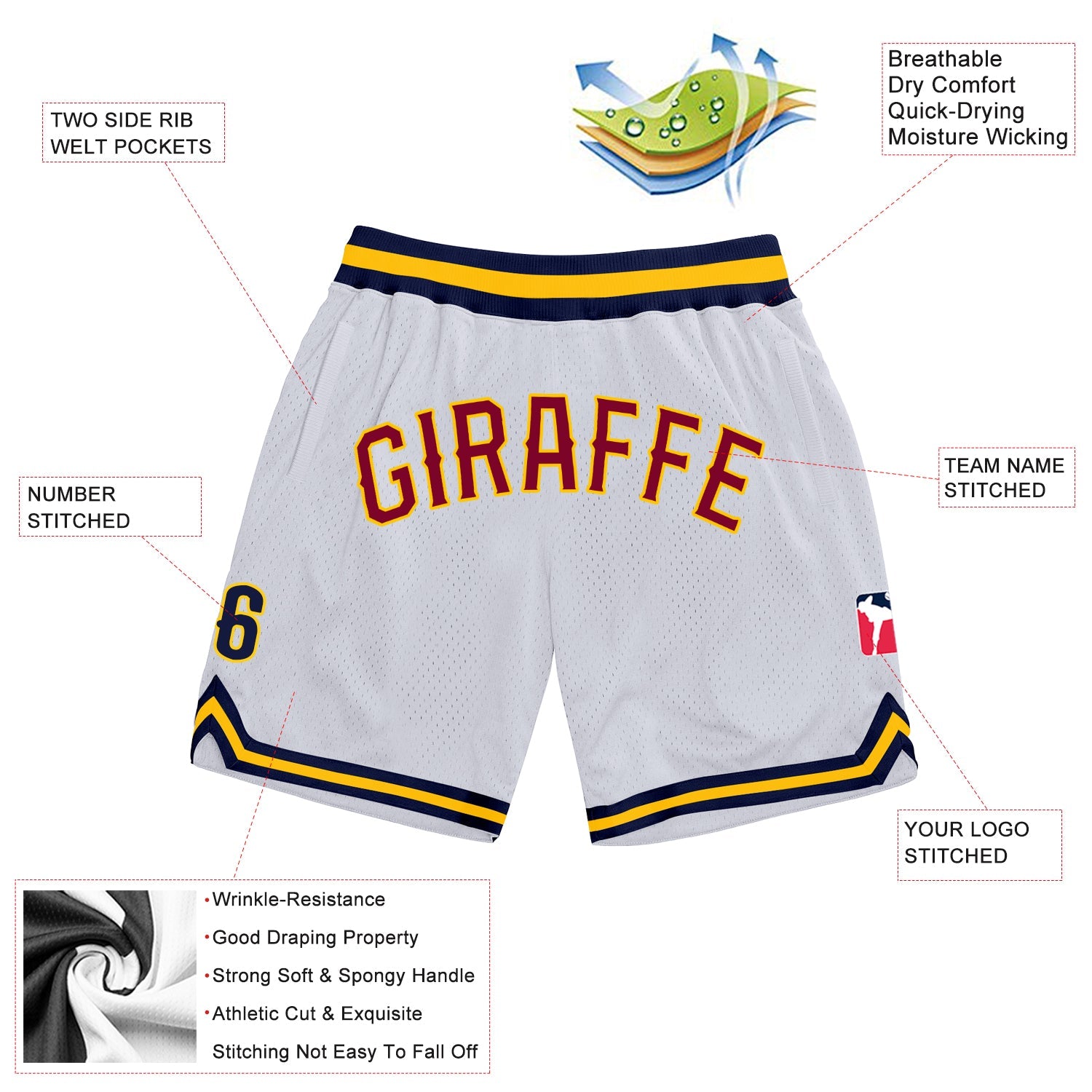 Custom White Maroon-Gold Authentic Throwback Basketball Shorts view 2
