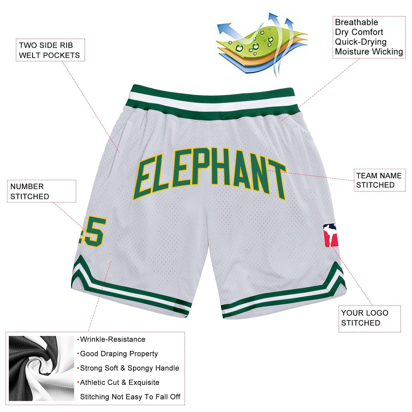 Custom White Kelly Green-Gold Authentic Throwback Basketball Shorts view 2