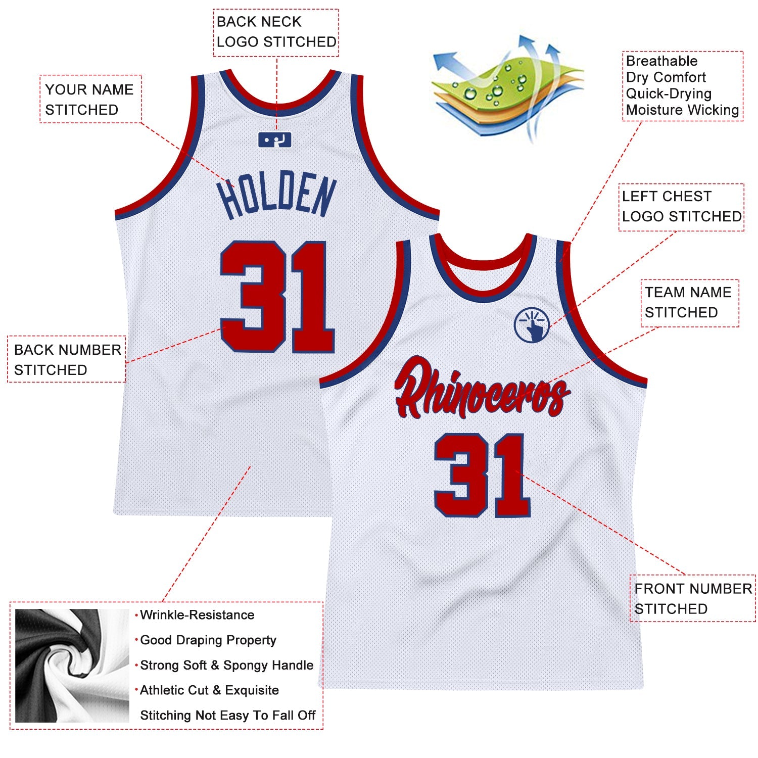 Custom White Red-Royal Authentic Throwback Basketball Jersey view 2