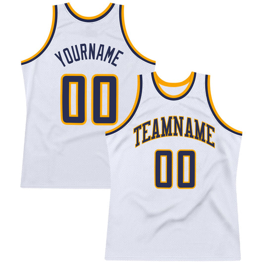 Custom White Navy-Gold Authentic Throwback Basketball Jersey - Main View
