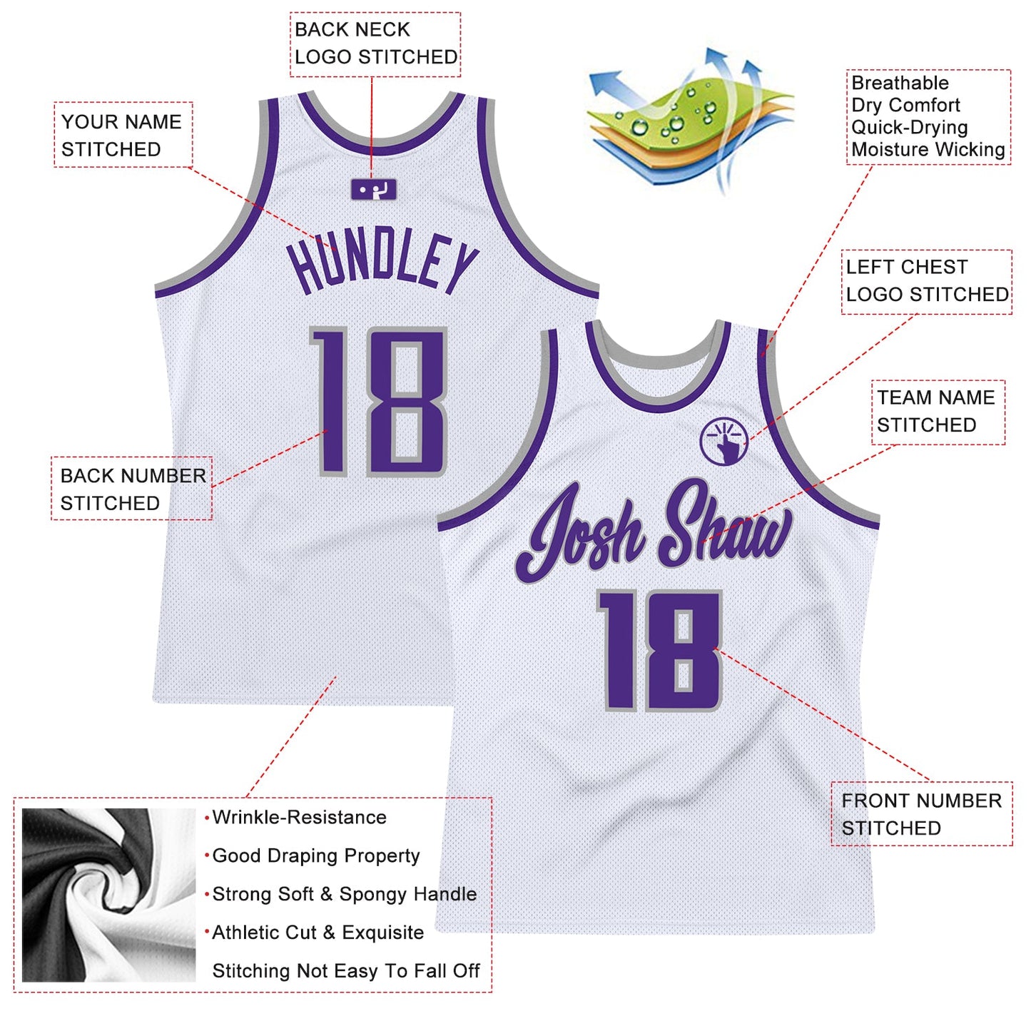 Custom White Purple-Gray Authentic Throwback Basketball Jersey view 3