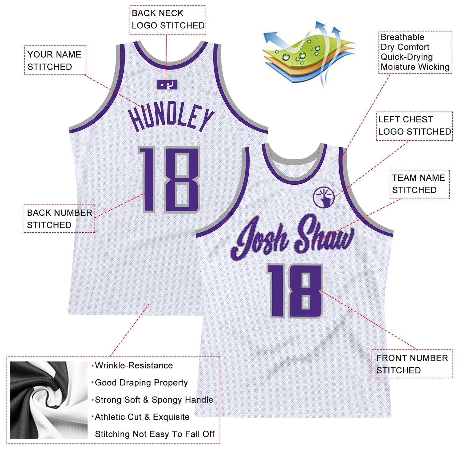 Custom White Purple-Gray Authentic Throwback Basketball Jersey view 3