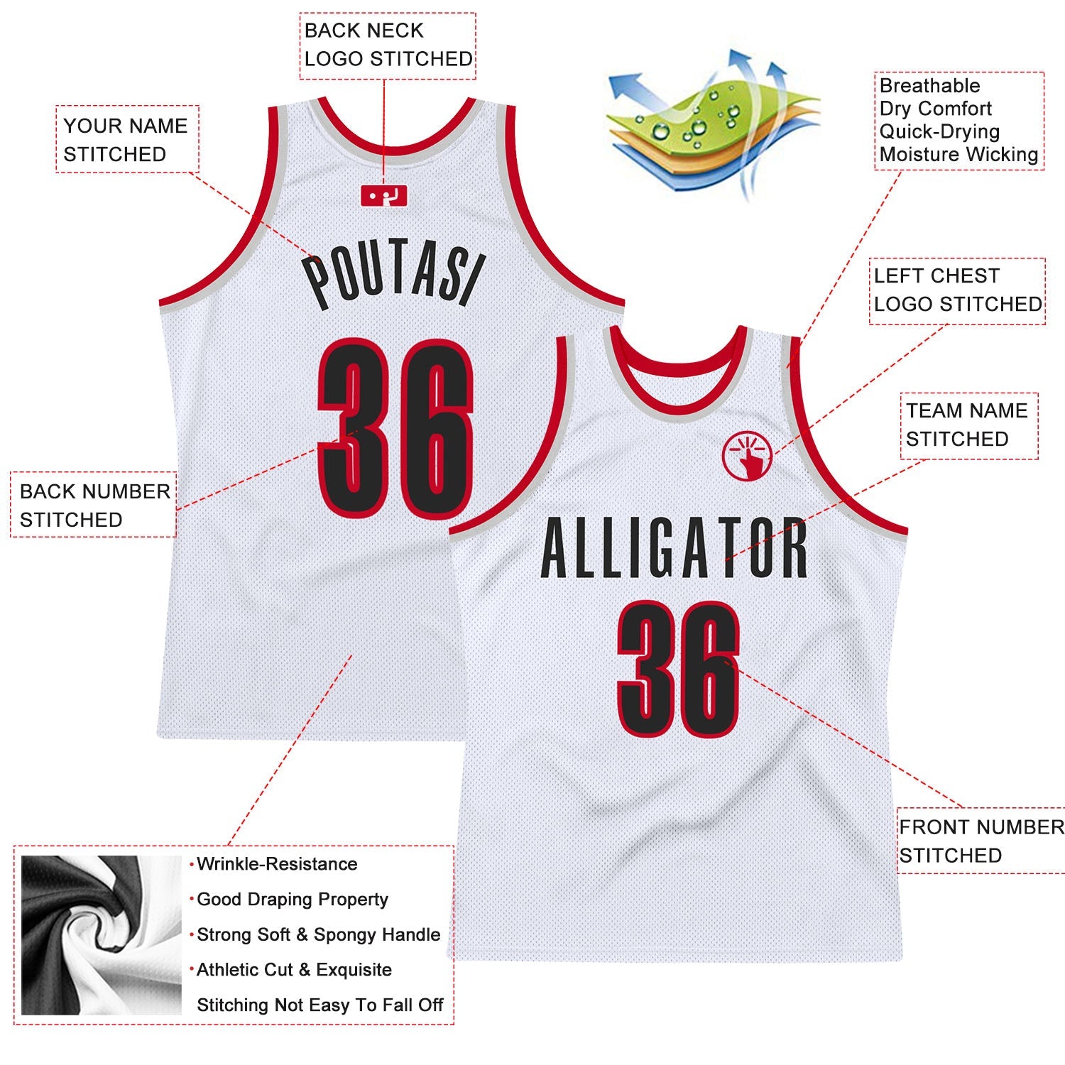 Custom White Black-Red Authentic Throwback Basketball Jersey view 2
