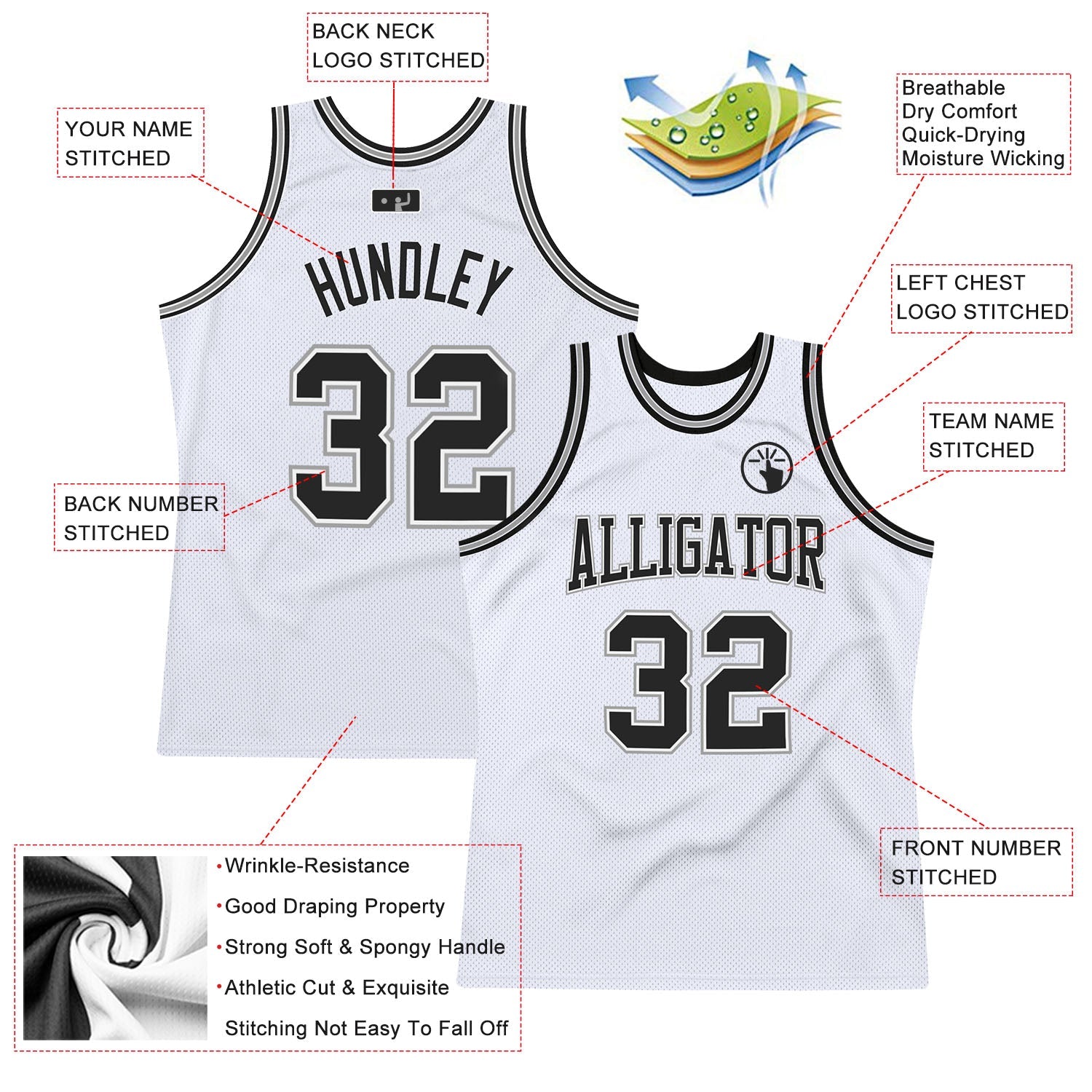 Custom White Black-Gray Authentic Throwback Basketball Jersey view 2
