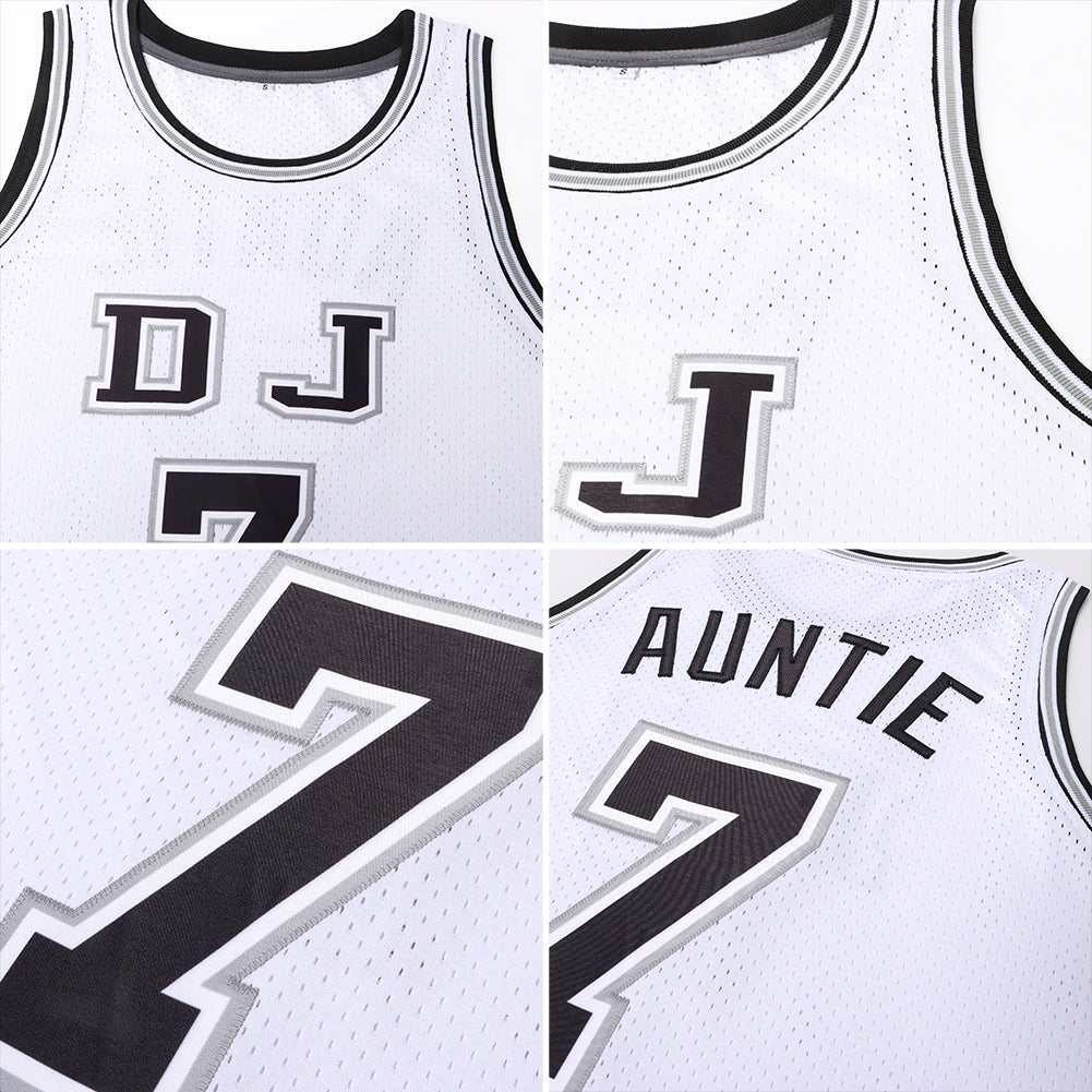 Custom White Black-Gray Authentic Throwback Basketball Jersey view 5