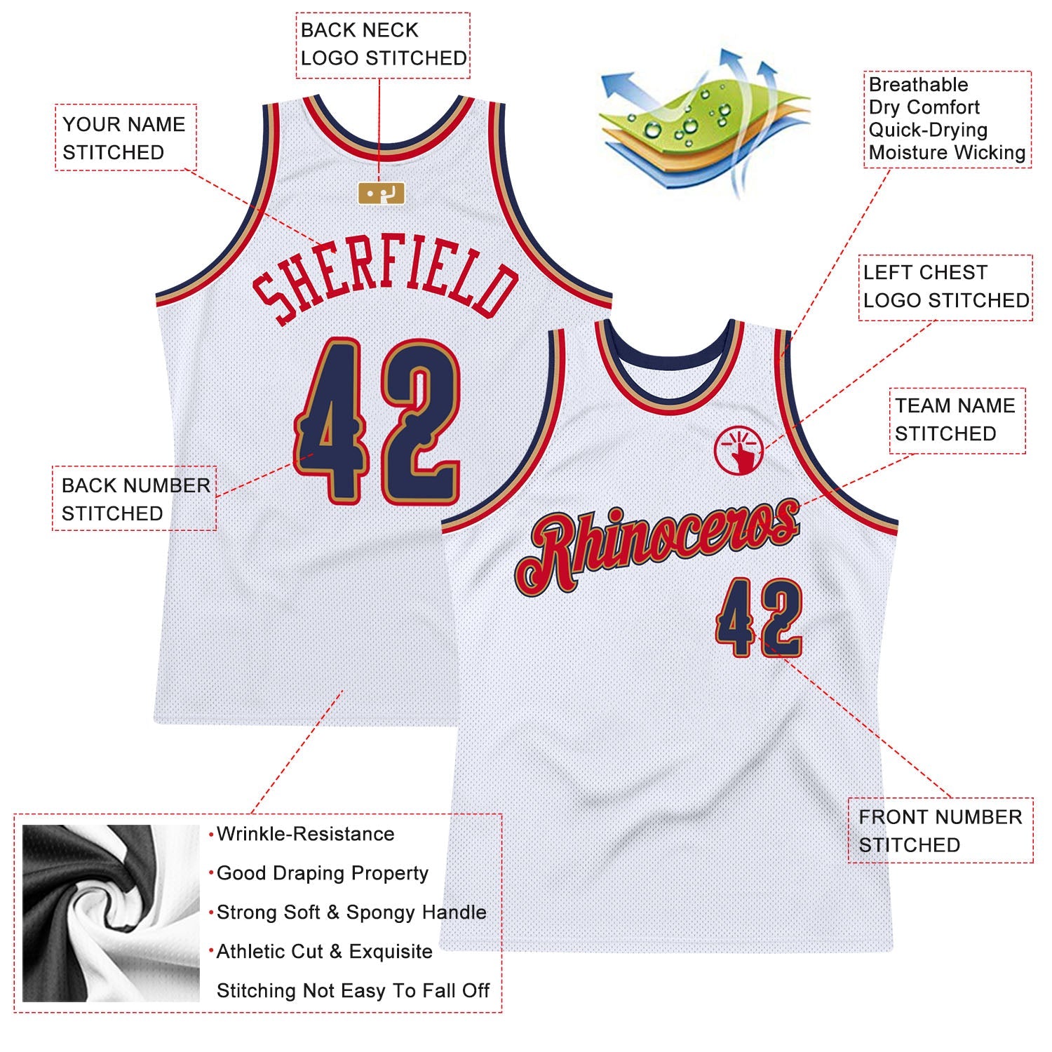 Custom White Navy-Red Authentic Throwback Basketball Jersey view 2