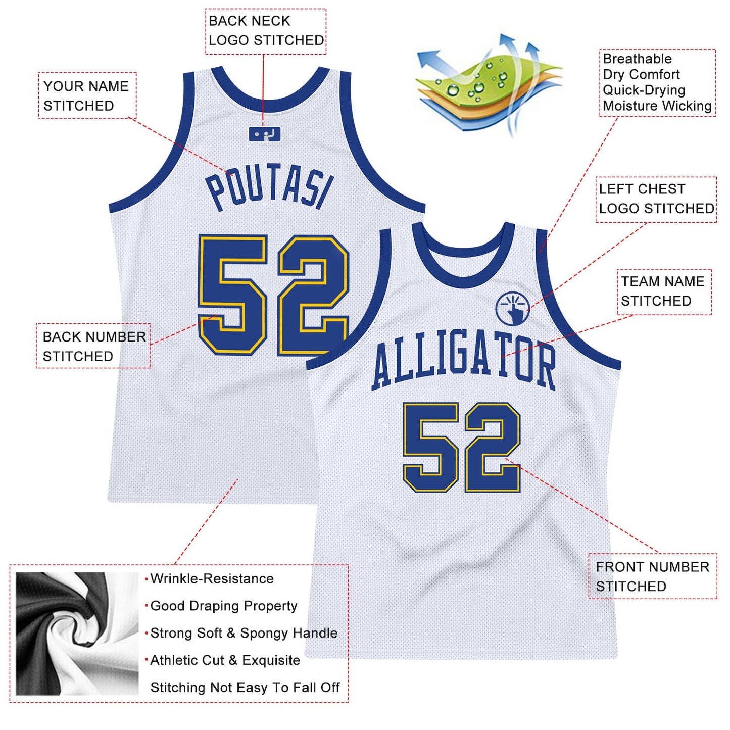 Custom White Royal-Gold Authentic Throwback Basketball Jersey view 2