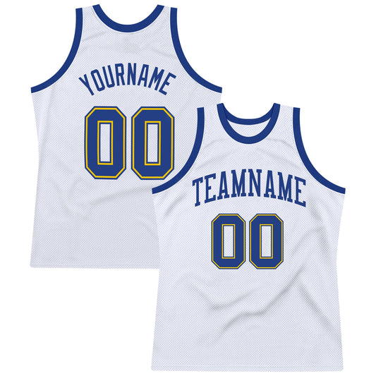 Custom White Royal-Gold Authentic Throwback Basketball Jersey - Main View