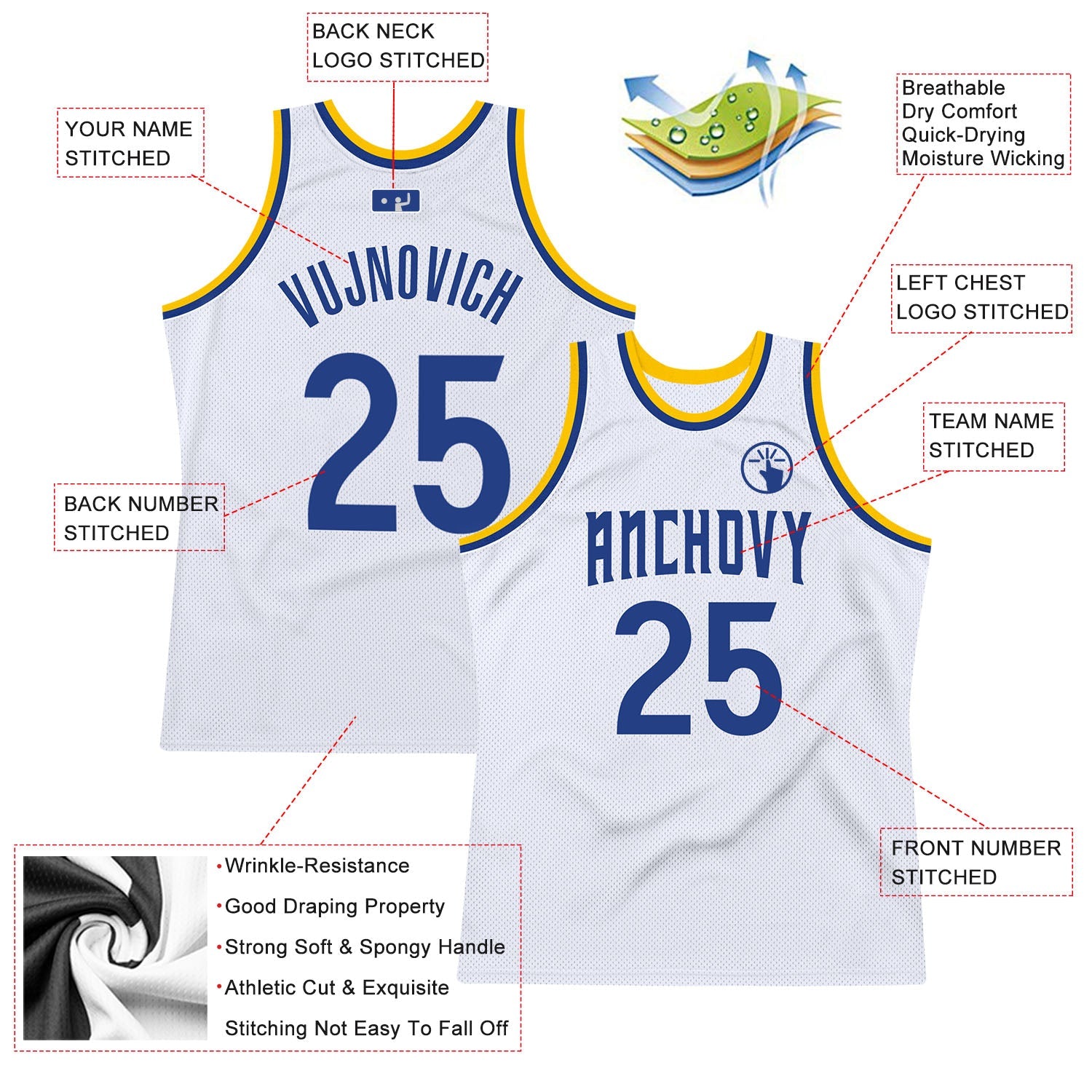 Custom White Royal-Gold Authentic Throwback Basketball Jersey view 2