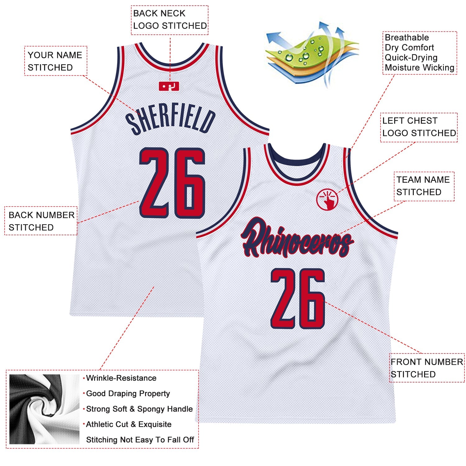 Custom White Red-Navy Authentic Throwback Basketball Jersey view 2