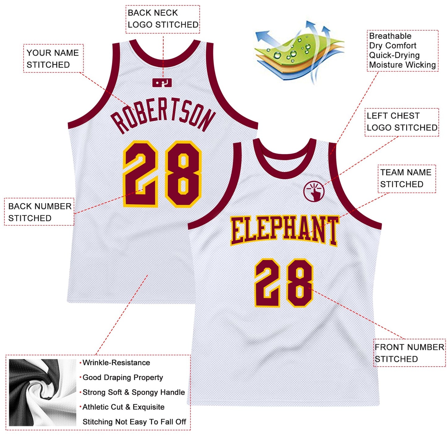 Custom White Maroon-Gold Authentic Throwback Basketball Jersey view 2