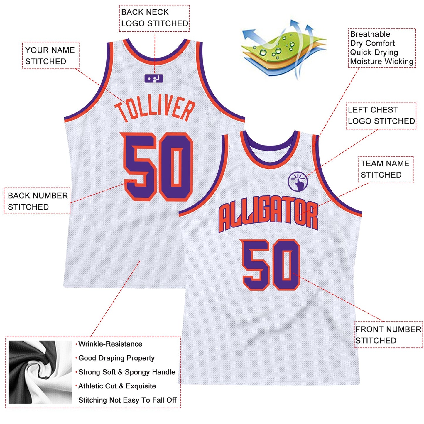 Custom White Purple-Orange Authentic Throwback Basketball Jersey view 2