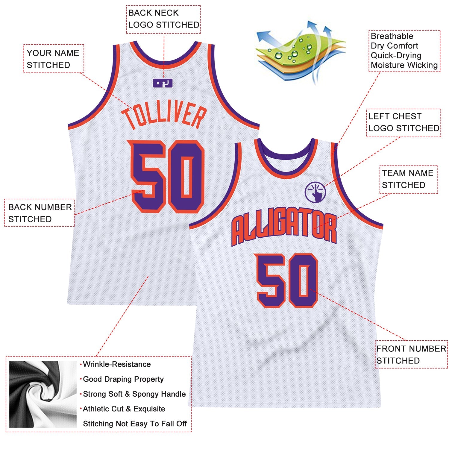 Custom White Purple-Orange Authentic Throwback Basketball Jersey view 2
