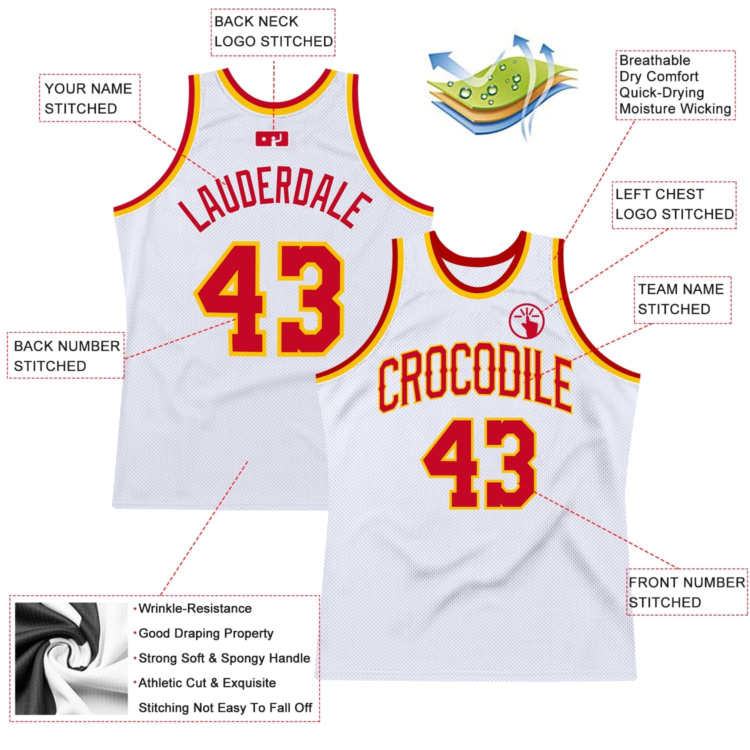 Custom White Red-Gold Authentic Throwback Basketball Jersey view 2