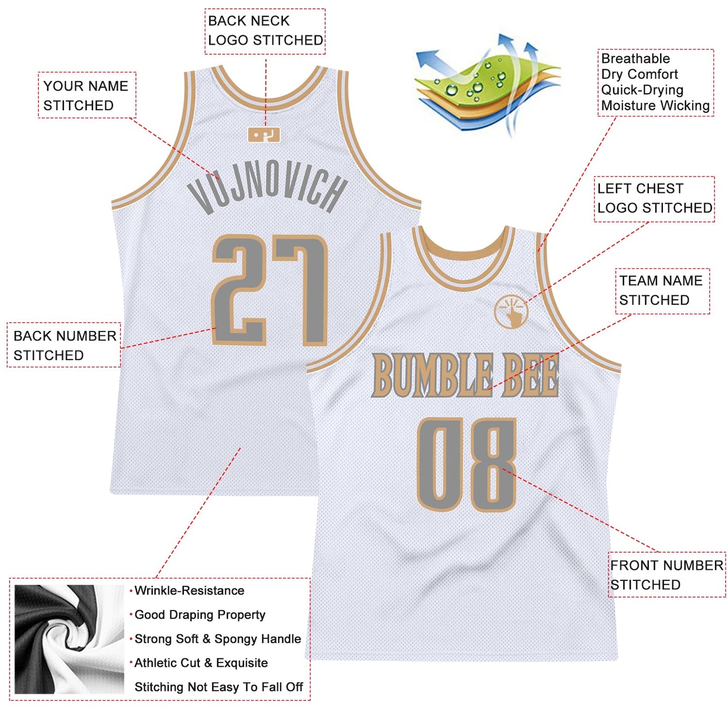 Custom White Steel Gray-Old Gold Authentic Throwback Basketball Jersey view 2