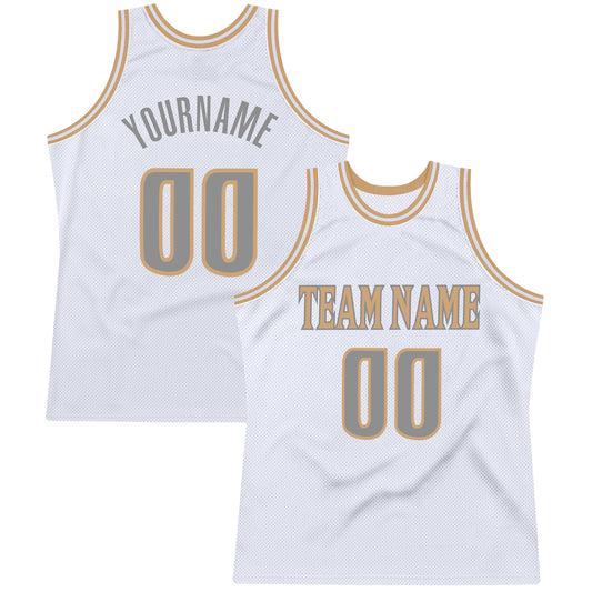 Custom White Steel Gray-Old Gold Authentic Throwback Basketball Jersey - Main View