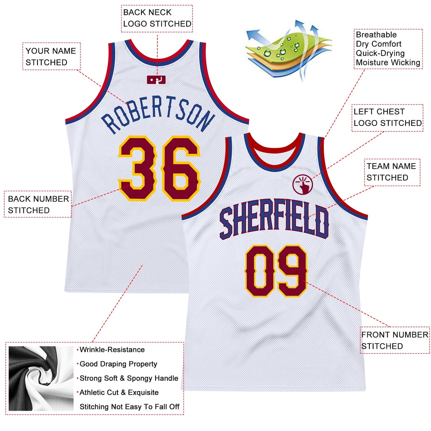 Custom White Maroon-Royal Authentic Throwback Basketball Jersey view 2