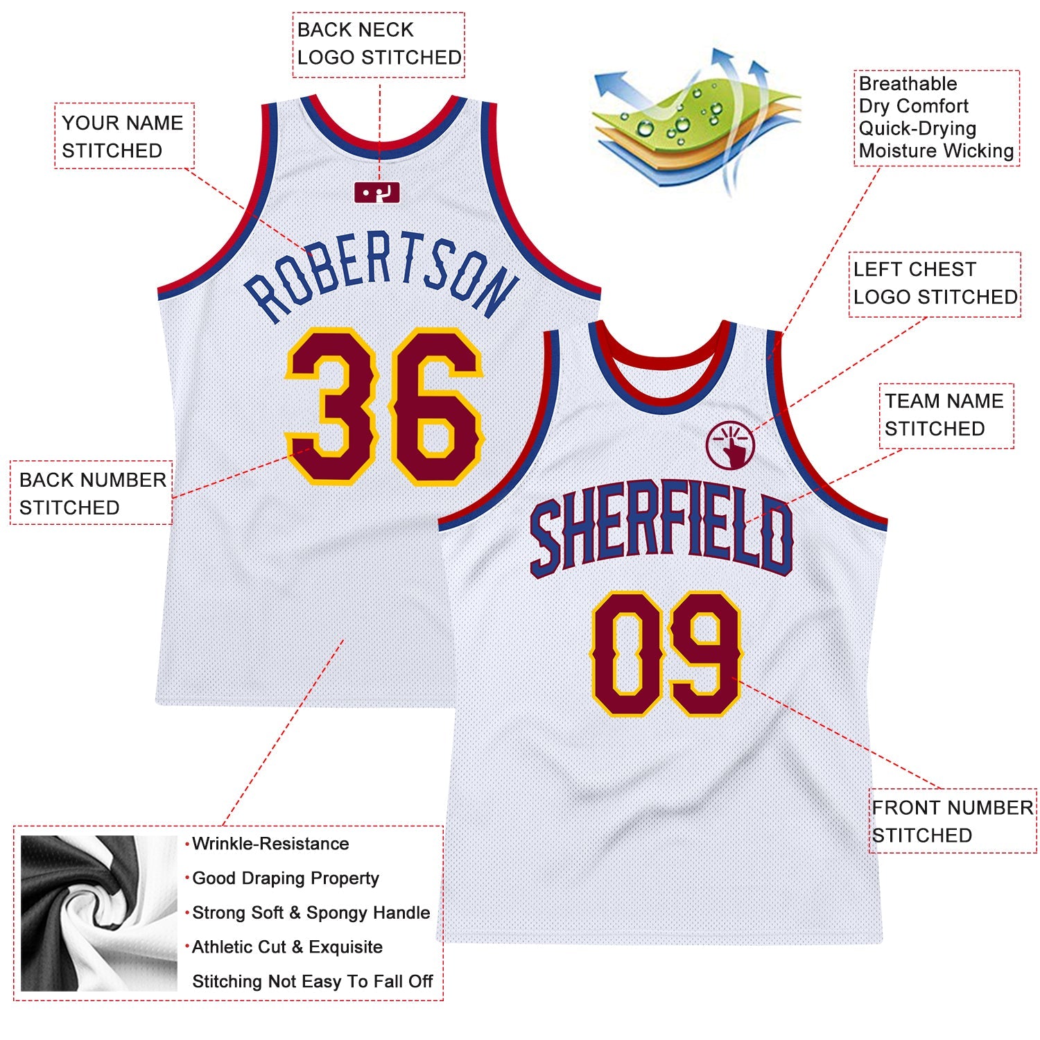 Custom White Maroon-Royal Authentic Throwback Basketball Jersey view 2