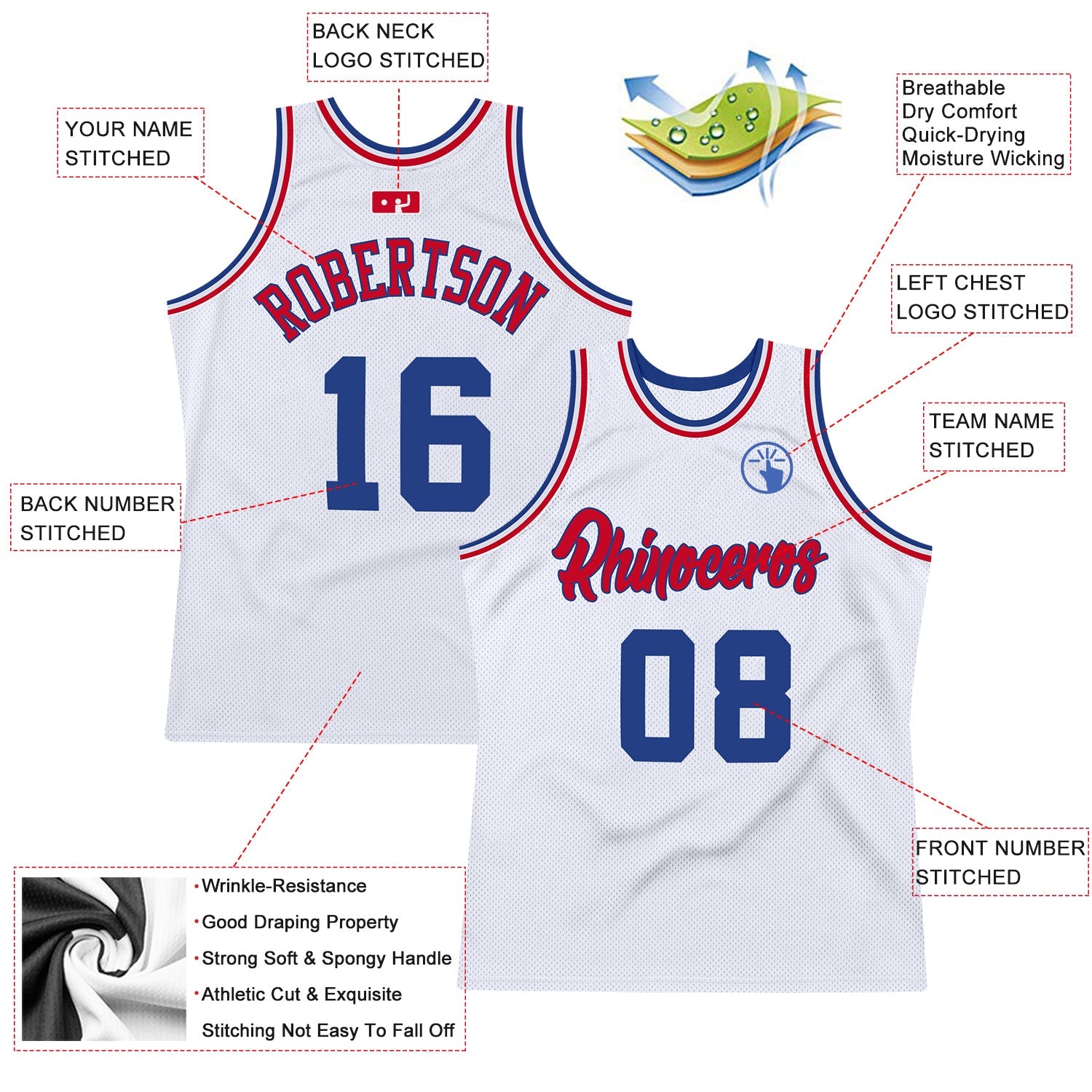Custom White Royal-Red Authentic Throwback Basketball Jersey view 2