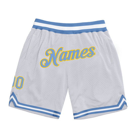 Custom White Light Blue-Gold Authentic Throwback Basketball Shorts - Main View