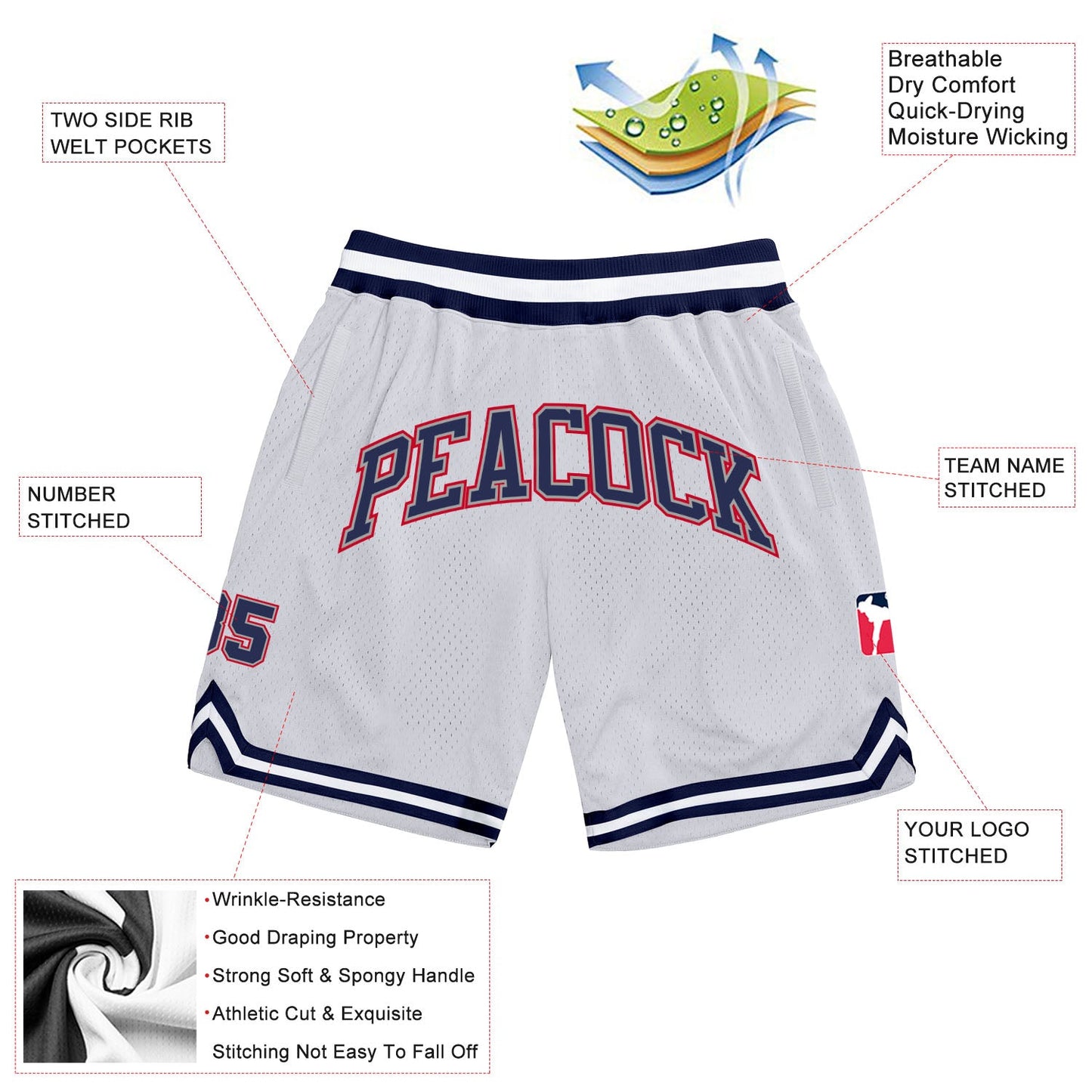 Custom White Navy-Red Authentic Throwback Basketball Shorts view 2