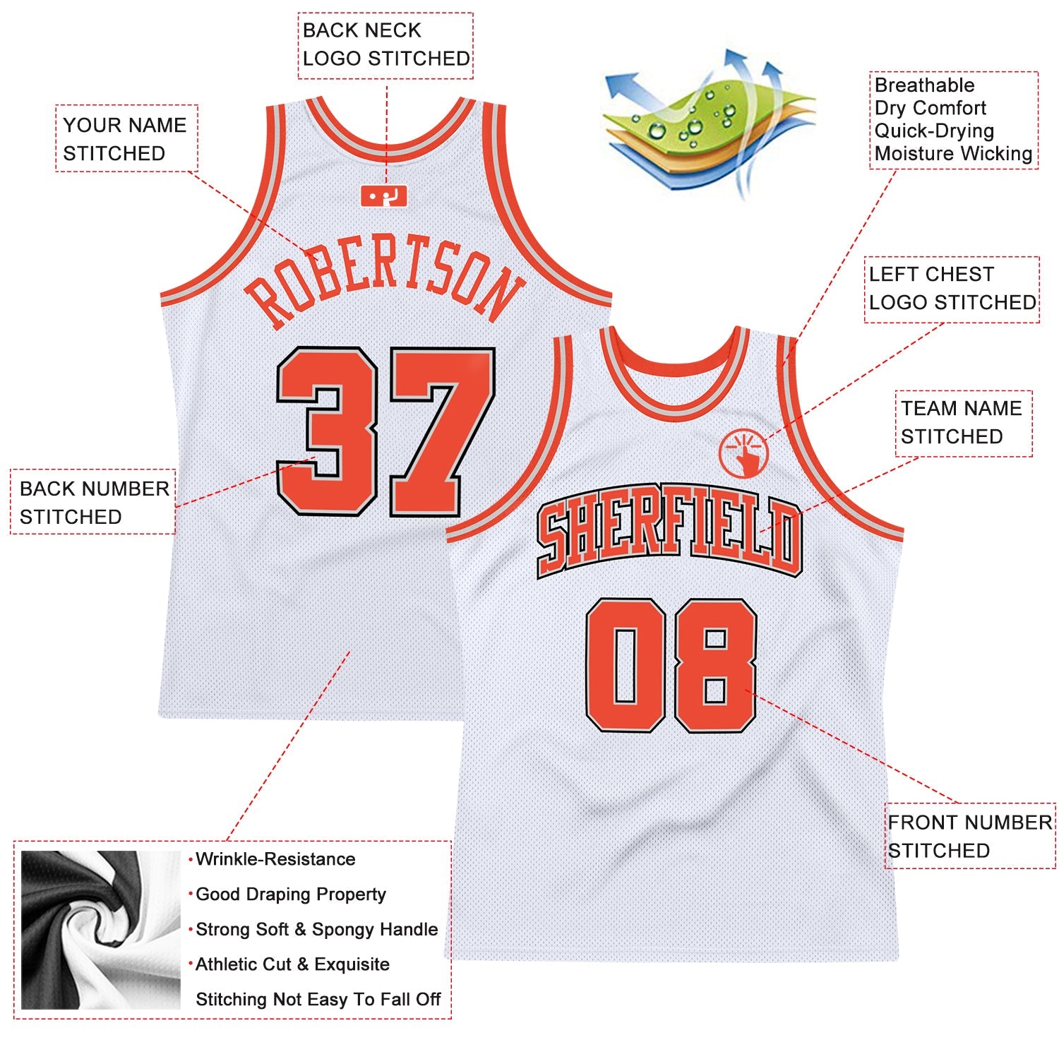 Custom White Orange-Gray Authentic Throwback Basketball Jersey view 2