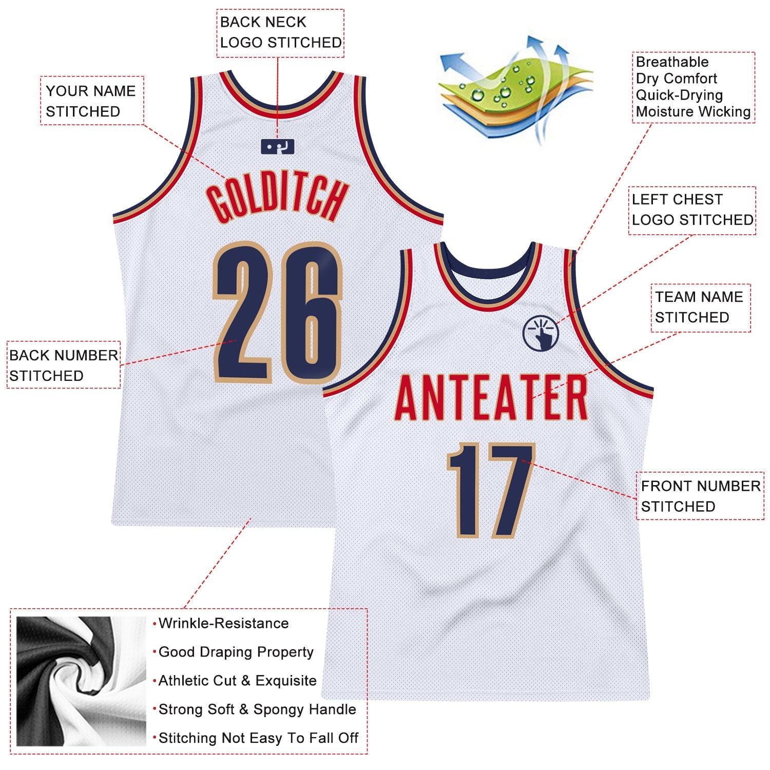 Custom White Navy-Old Gold Authentic Throwback Basketball Jersey view 2