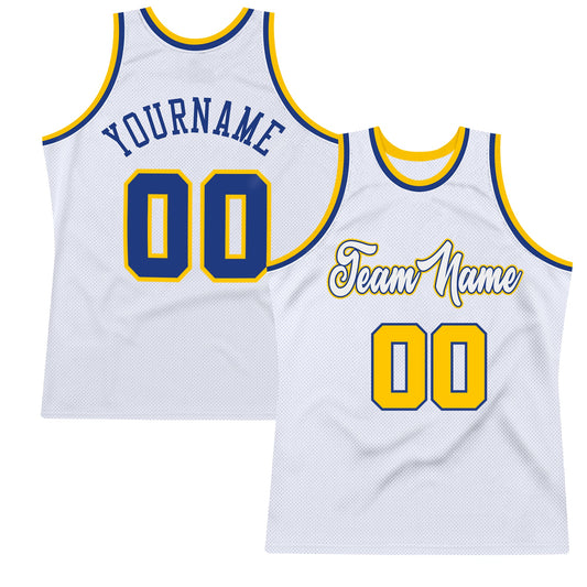 Custom White Royal-Gold Authentic Throwback Basketball Jersey - Main View