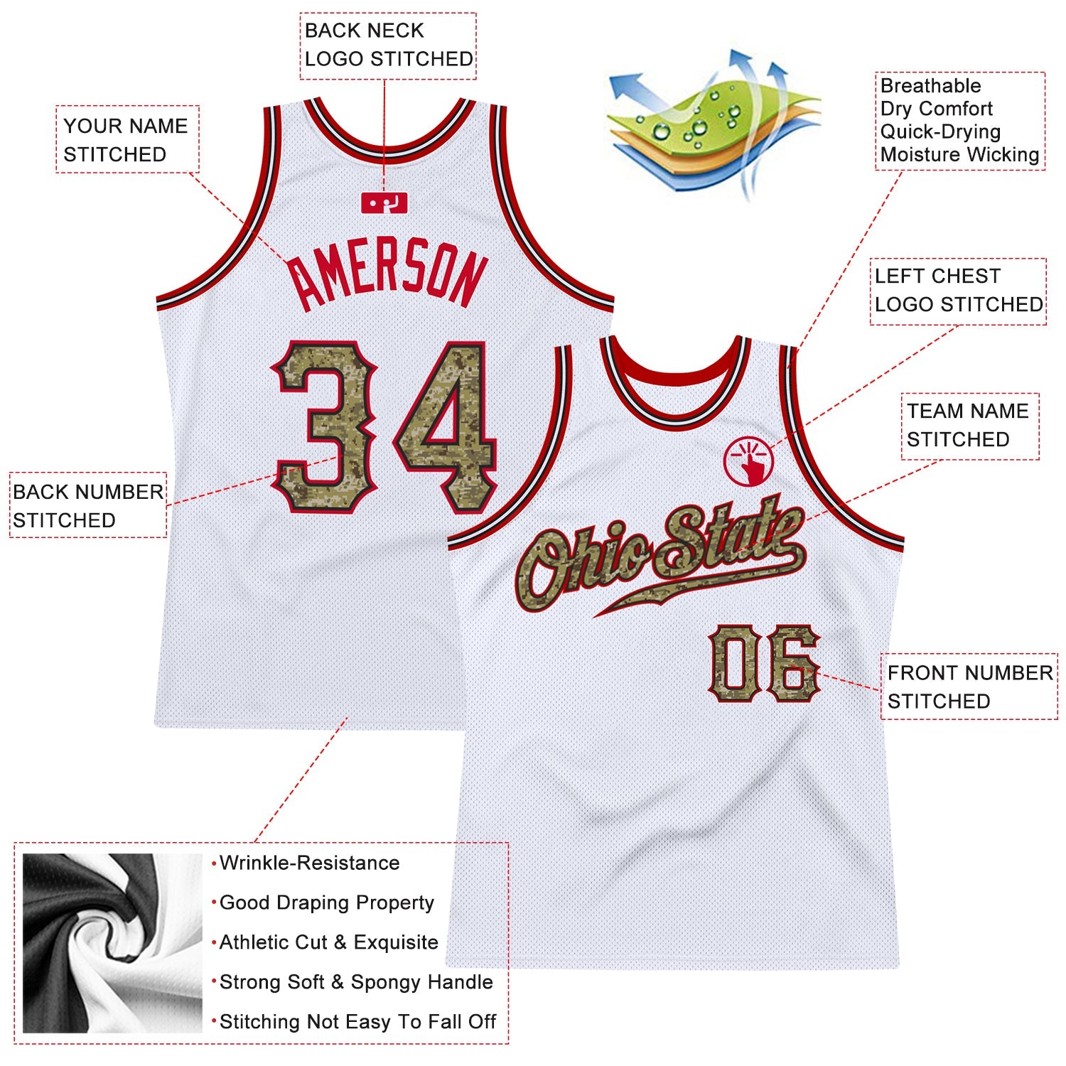 Custom White Camo-Red Authentic Throwback Basketball Jersey view 2