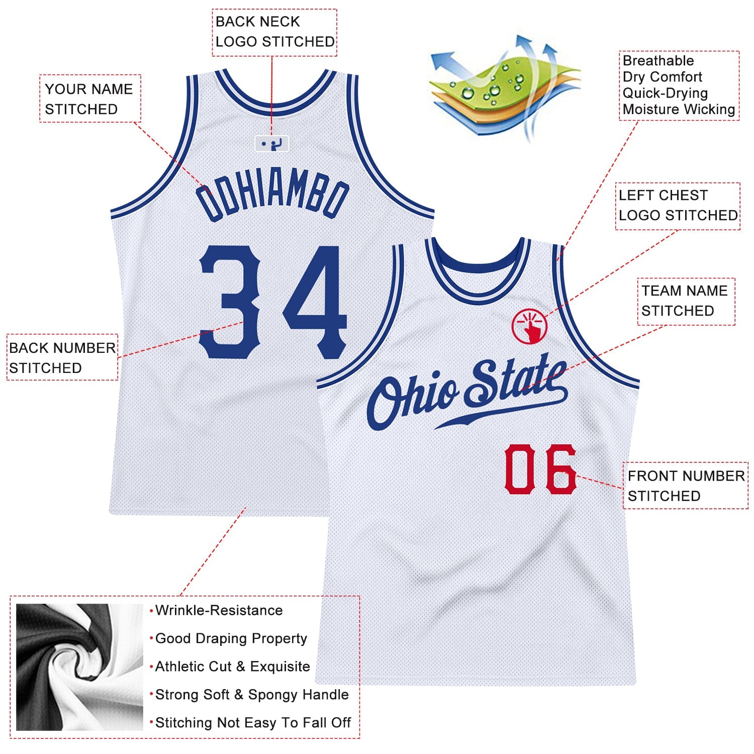 Custom White Royal-Red Authentic Throwback Basketball Jersey view 2