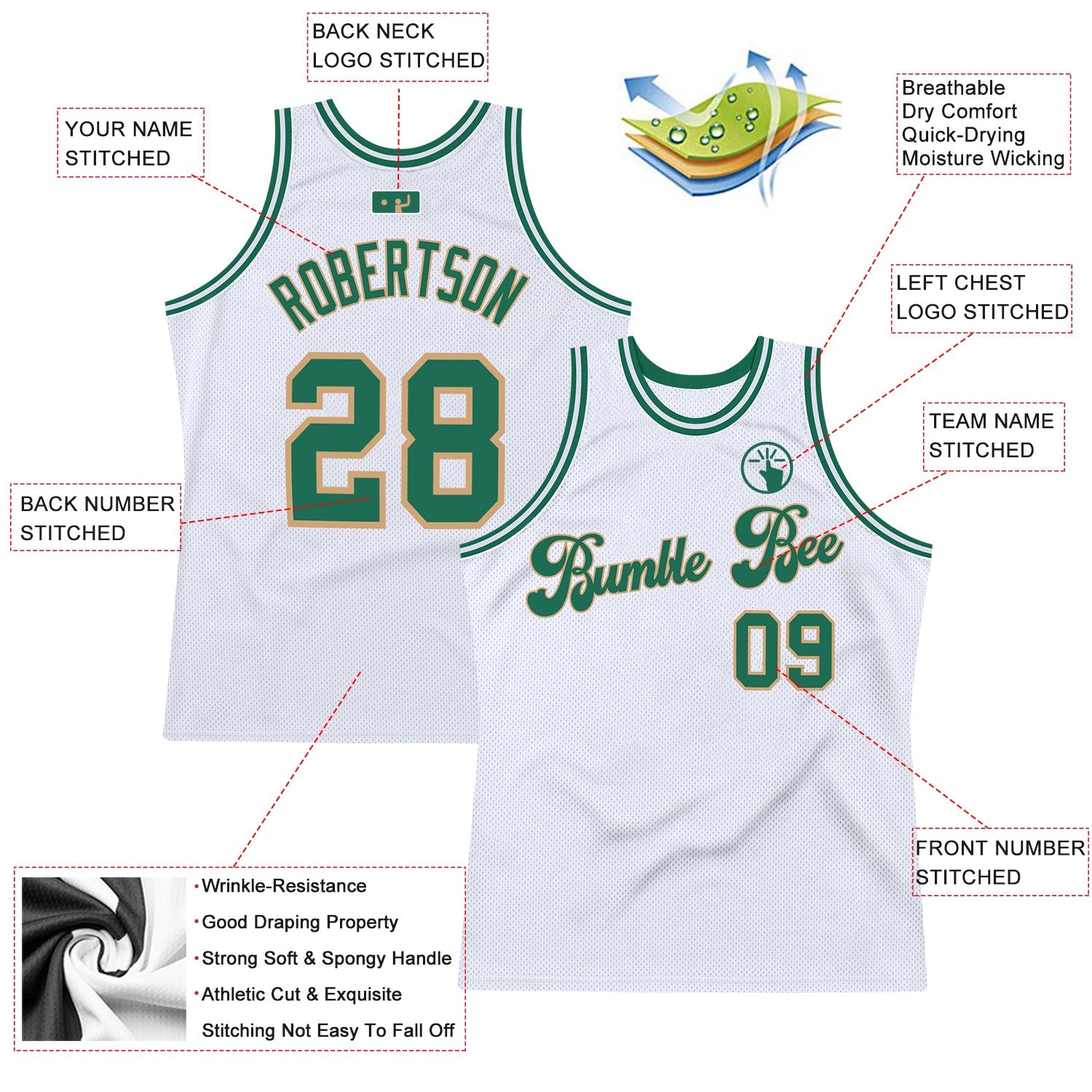 Custom White Kelly Green-Old Gold Authentic Throwback Basketball Jersey view 2
