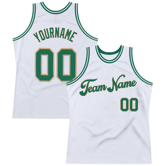 Custom White Kelly Green-Old Gold Authentic Throwback Basketball Jersey - Main View