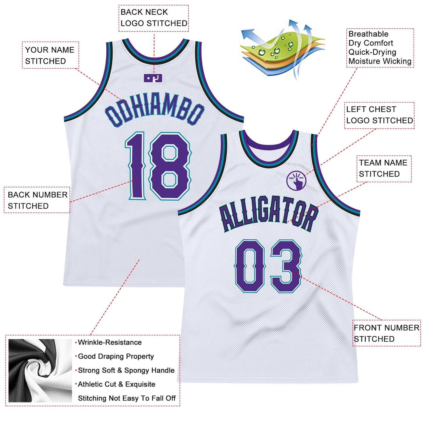 Custom White Purple-Teal Authentic Throwback Basketball Jersey view 2