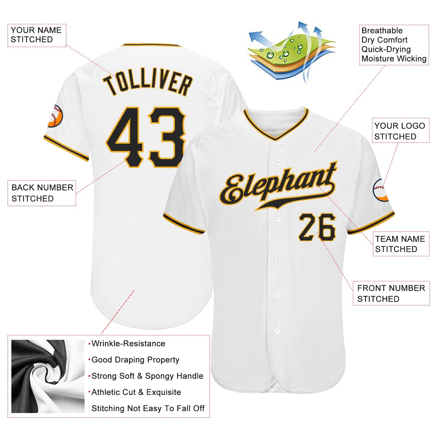 Custom White Black-Gold Authentic Baseball Jersey view 3