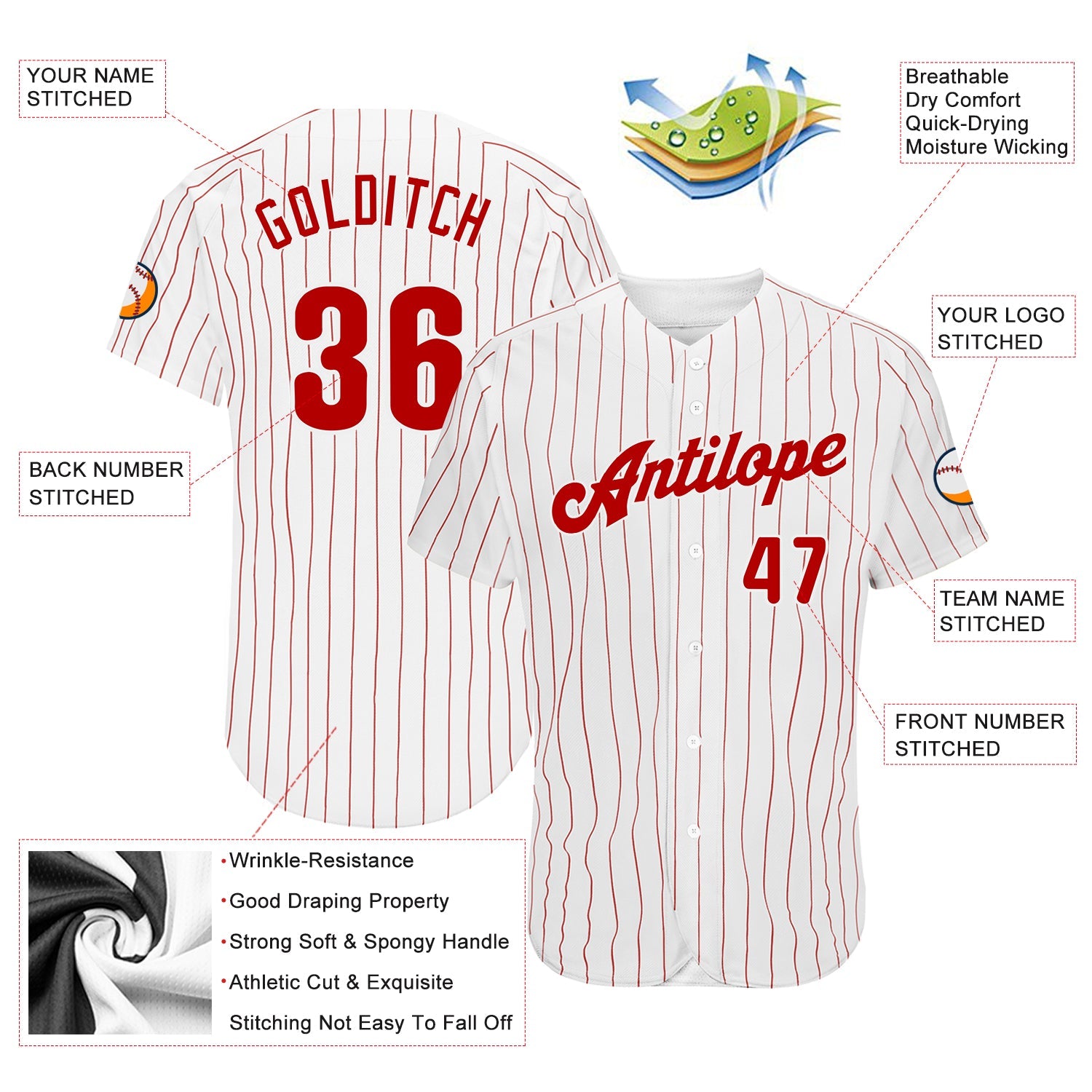 Custom White Red Pinstripe Red Authentic Baseball Jersey view 3
