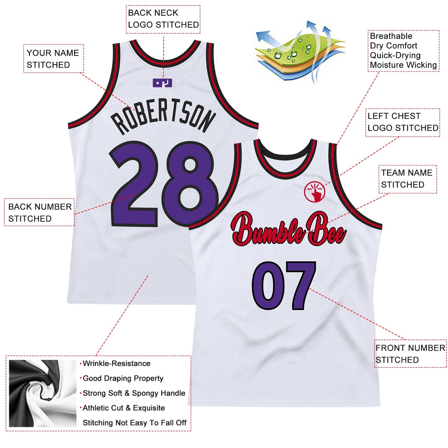 Custom White Purple-Red Authentic Throwback Basketball Jersey view 2