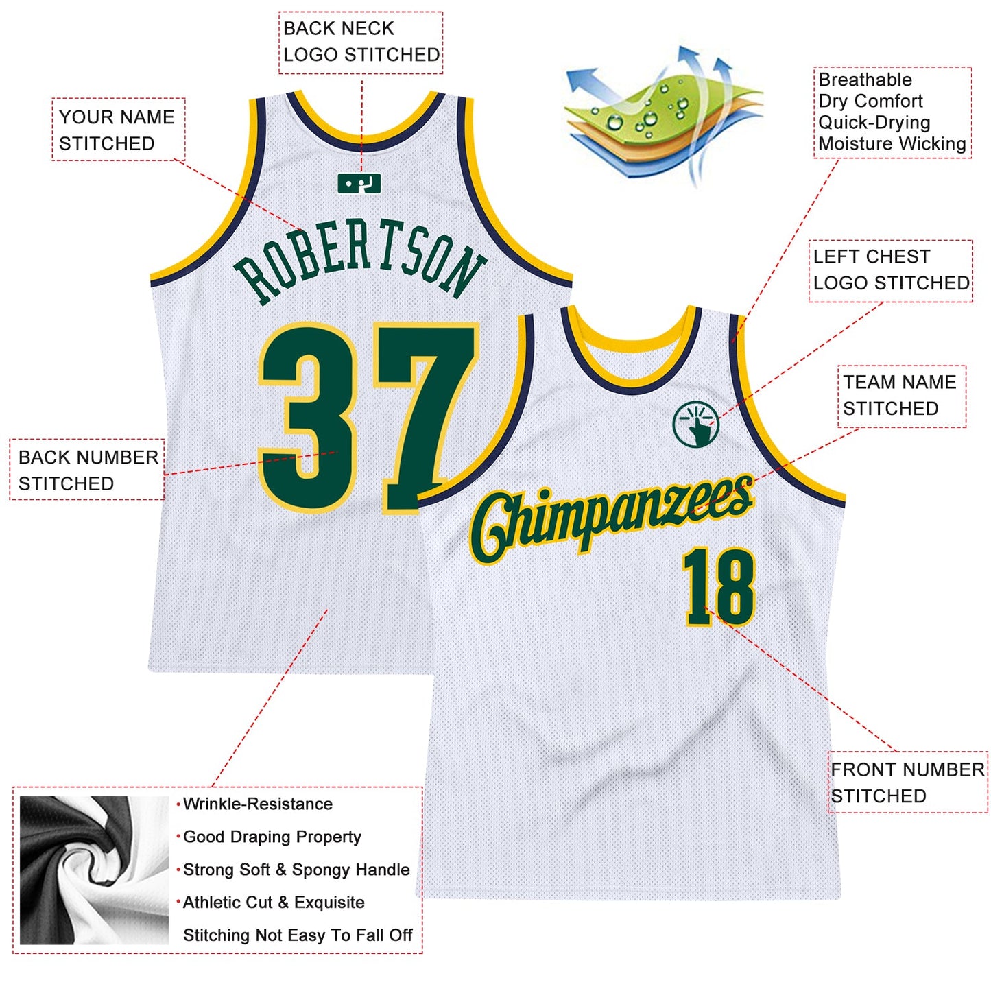 Custom White Hunter Green-Gold Authentic Throwback Basketball Jersey view 2