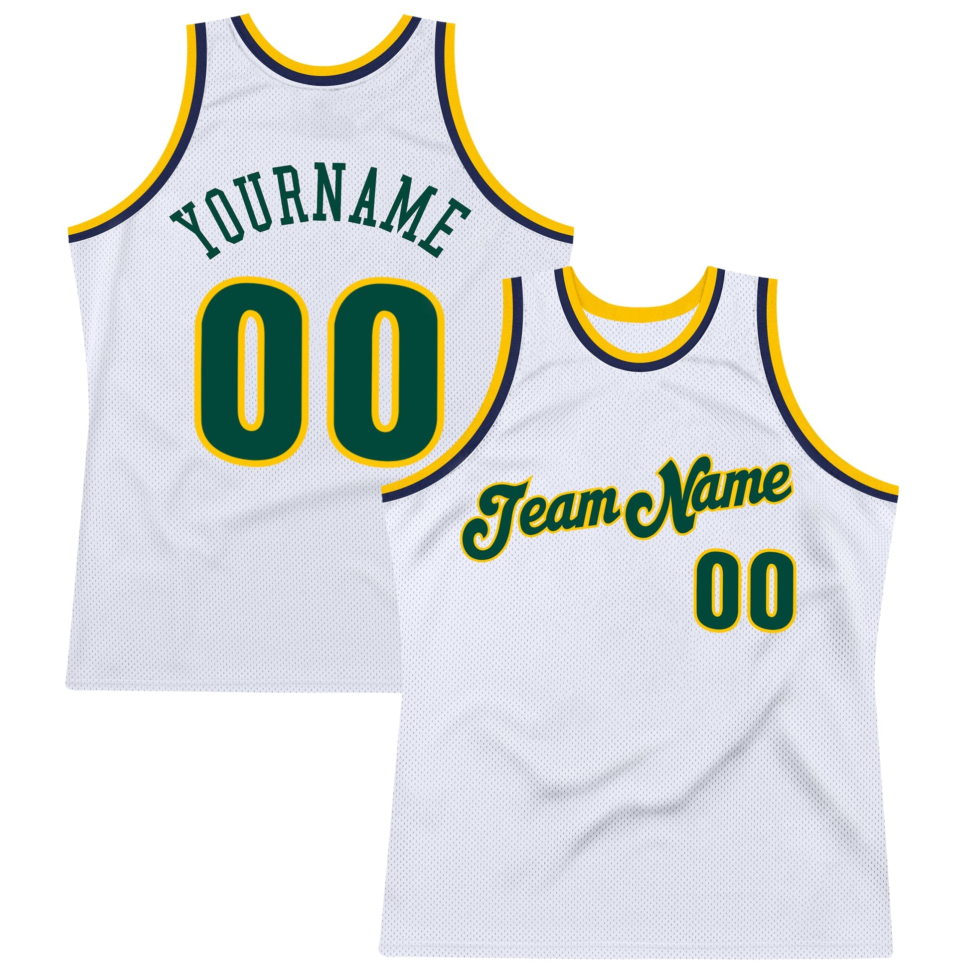 Custom White Hunter Green-Gold Authentic Throwback Basketball Jersey - Main View