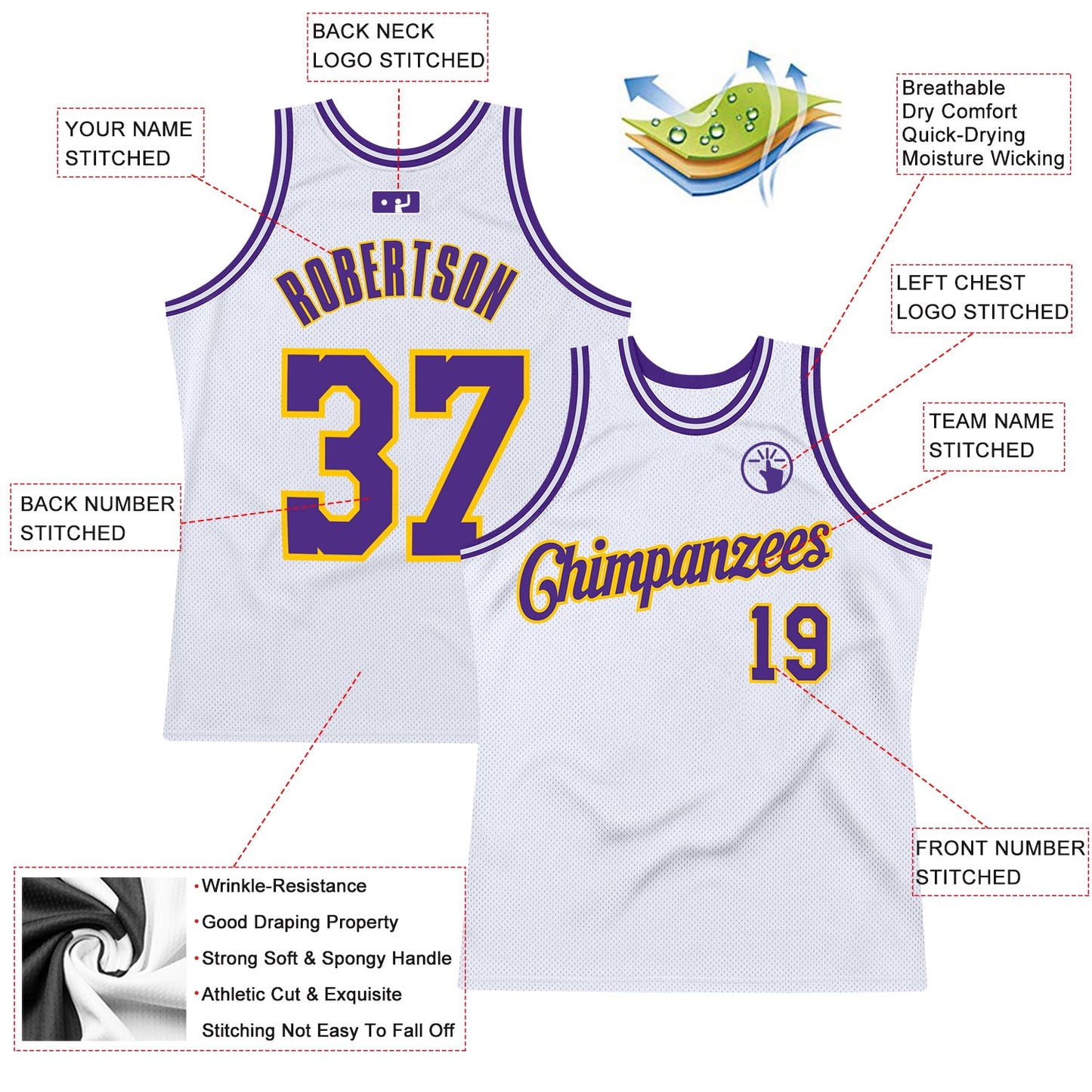 Custom White Purple-Gold Authentic Throwback Basketball Jersey view 2