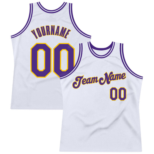 Custom White Purple-Gold Authentic Throwback Basketball Jersey - Main View