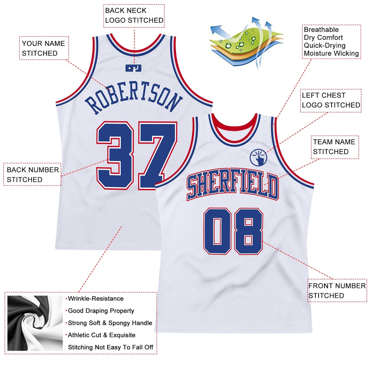 Custom White Royal-Red Authentic Throwback Basketball Jersey view 2