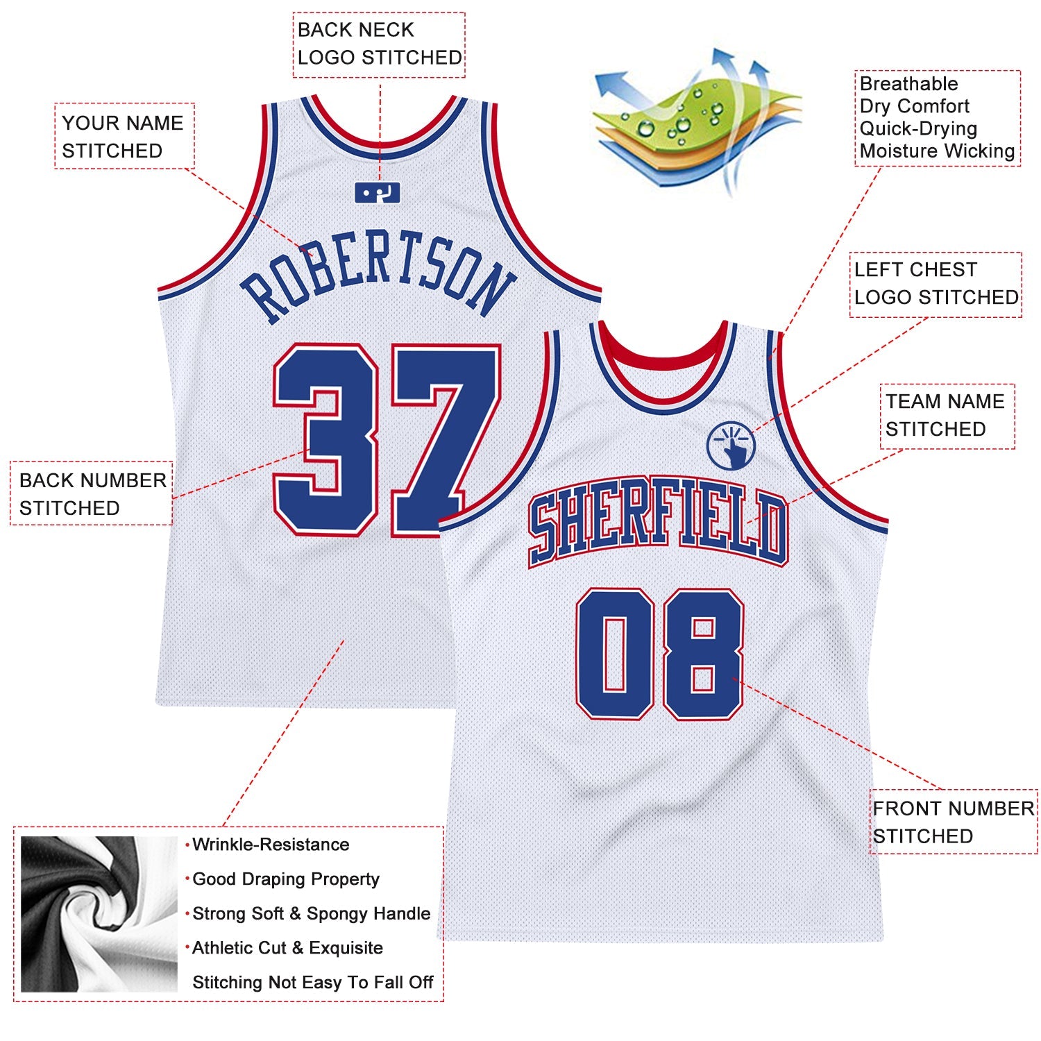 Custom White Royal-Red Authentic Throwback Basketball Jersey view 2