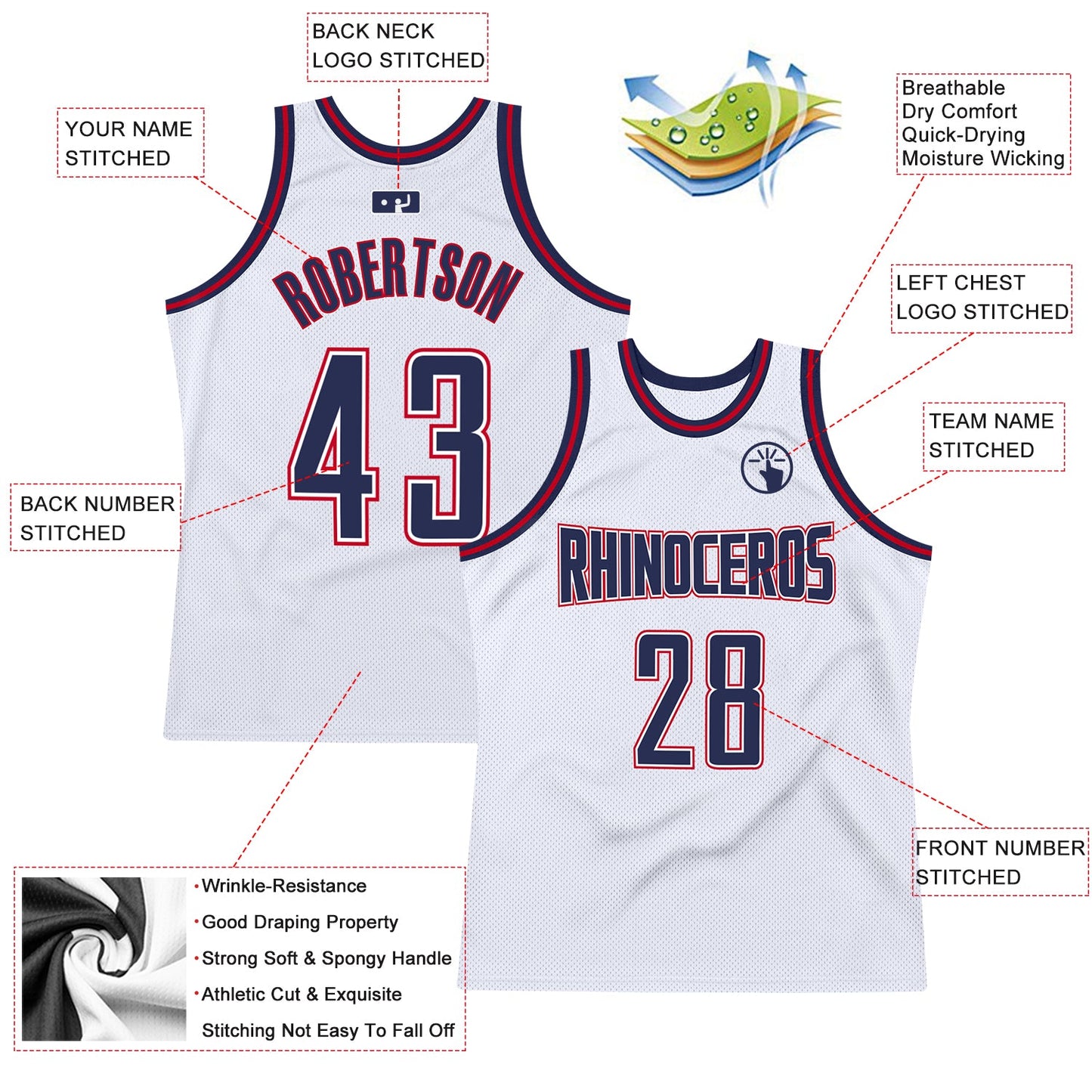 Custom White Navy-Red Authentic Throwback Basketball Jersey view 2