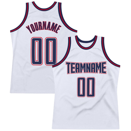 Custom White Navy-Red Authentic Throwback Basketball Jersey - Main View