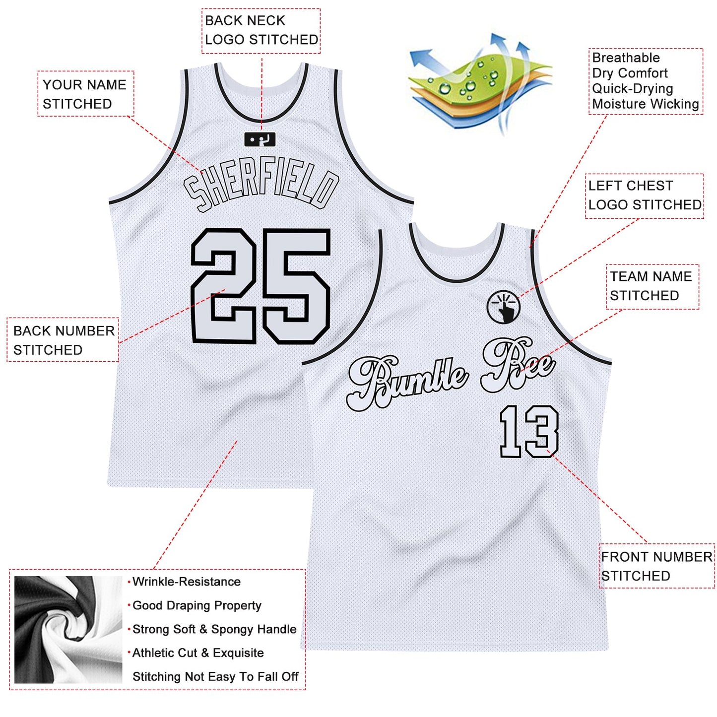 Custom White White-Black Authentic Throwback Basketball Jersey view 2