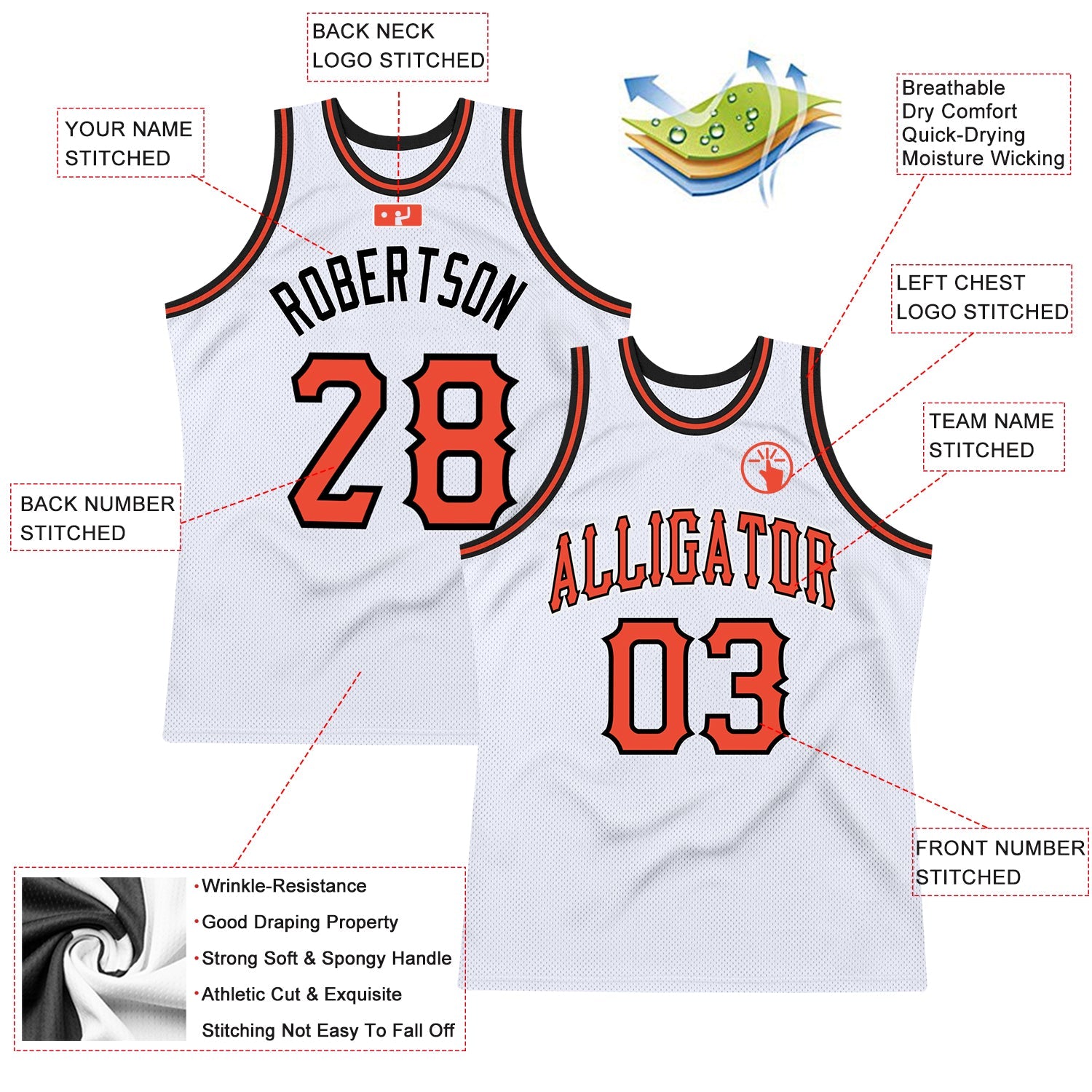 Custom White Orange-Black Authentic Throwback Basketball Jersey view 2