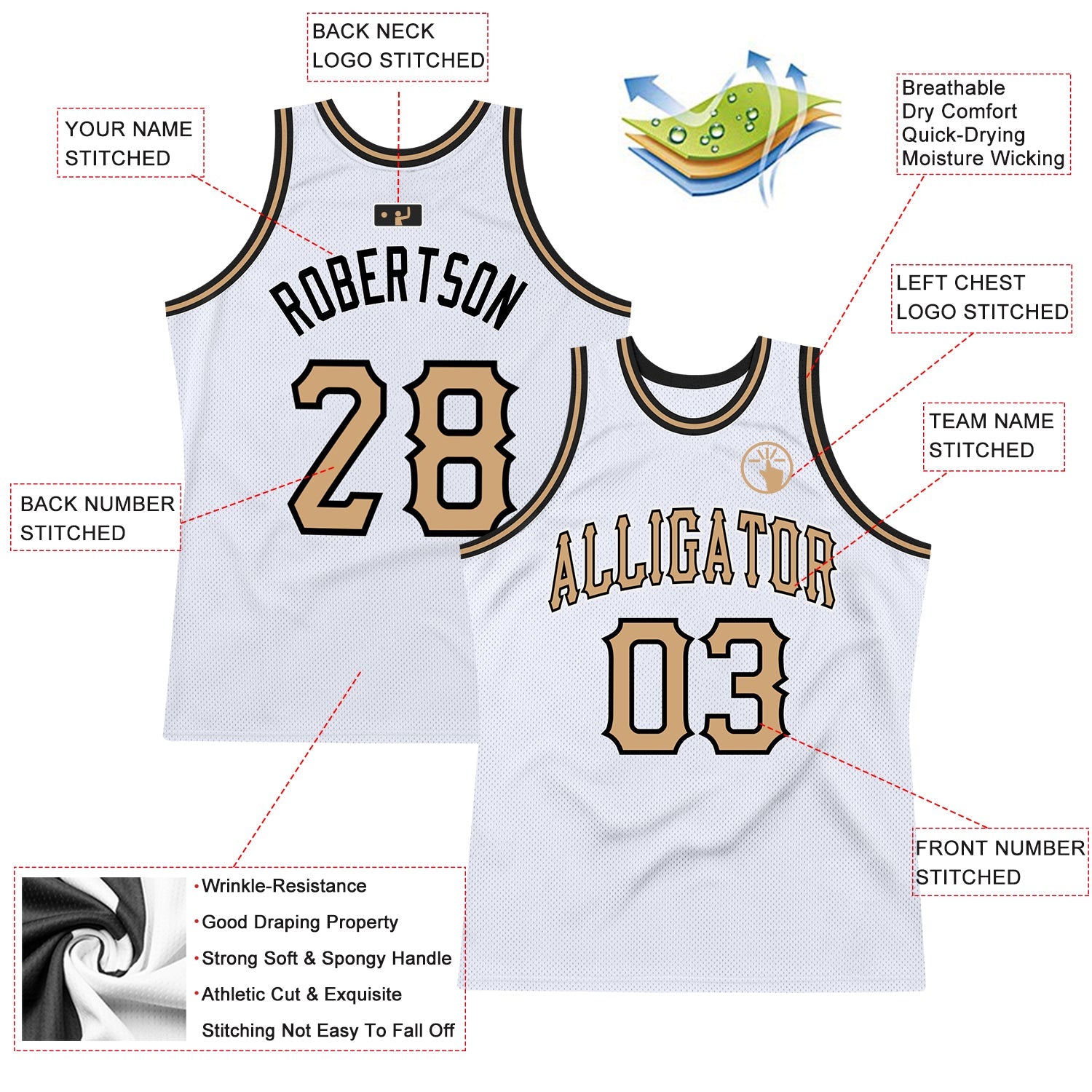 Custom White Old Gold-Black Authentic Throwback Basketball Jersey view 2