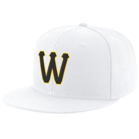Custom White Black-Gold Stitched Adjustable Snapback Hat - Main View