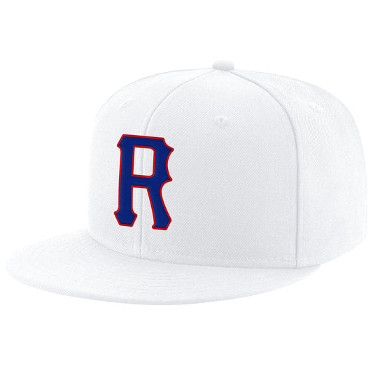 Custom White Royal-Red Stitched Adjustable Snapback Hat - Main View