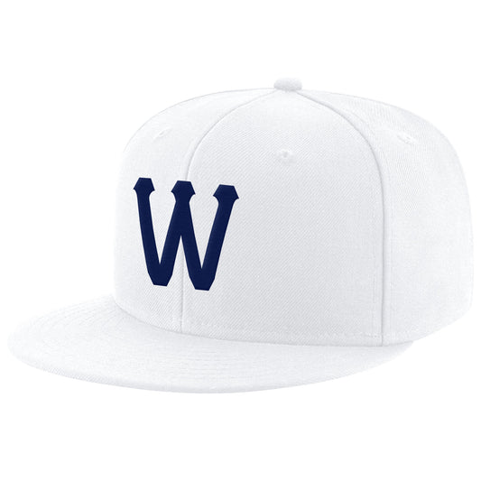 Custom White Navy Stitched Adjustable Snapback Hat - Main View